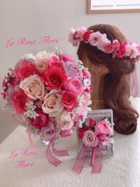 ピンクグラデーションと白い小花のラウンドブーケ＆花冠＆ブートニア
