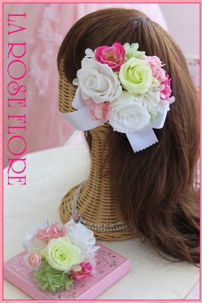 画像1: 白ｘピンクｘライトグリーンｘ小花のヘッドドレス＆ヘアピンのセット