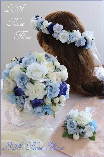 画像1: 白ｘ水色ｘ青色のラウンドブーケ＆花冠＆ブートニアのセット (1)