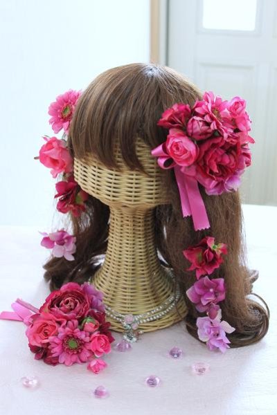 画像1: ホットピンクのバラとガーベラのヘッドドレス＆ヘアピン