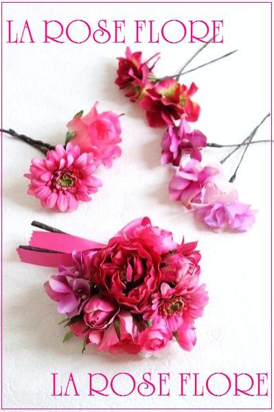 画像1: ホットピンクのバラとガーベラのヘッドドレス＆ヘアピン (1)